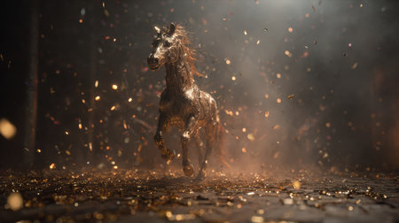 A golden horse jumps gracefully through vibrant confetti, marking the joyful celebration of Lunar New Year in 2026.の素材