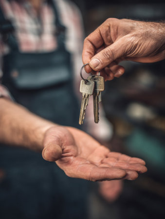 A smiling customer receives car keys from a mechanic in a workshop, surrounded by various tools and a blurred background.の素材