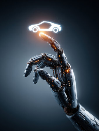 A robotic hand gently holds a luminous car symbol, reflecting advancements in vehicle repair and innovation in technology.の素材
