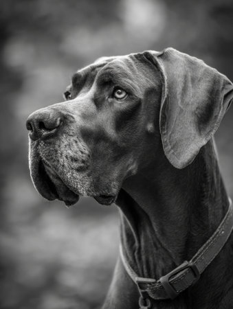 A great dane stands tall in profile, exuding elegance with soulful eyes and a majestic stance under soft, cinematic lighting outdoors.の素材