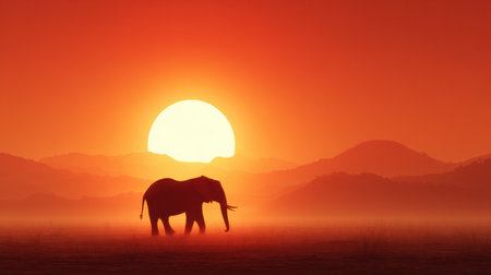 An elephant stands gracefully under a stunning orange sunset, creating a serene atmosphere with silhouetted mountains in the distance.の素材