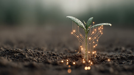 A small plant emerges from the soil, displaying glowing digital circuit roots beneath the surface, representing modern green technology.の素材
