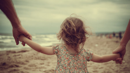 A young child walks along the sandy beach while holding hands with both parents, creating a warm, loving atmosphere on a cloudy day.の素材