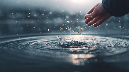 A hand is gently releasing small fish back into a freezing hole in the water, promoting sustainable fishing during winter.の素材