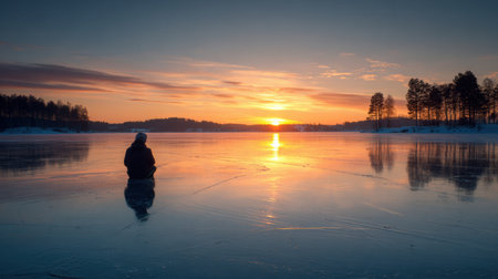 A fisherman sits quietly by an ice hole, gazing at the stunning sunset reflecting on a frozen lake, surrounded by a serene winter landscape.の素材