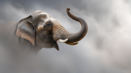An elephant raises its trunk in a misty environment, conveying strong emotions in a beautiful wildlife setting.の素材