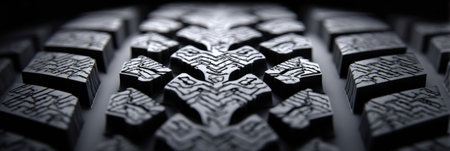 Close-up view highlights the unique thread pattern of a tire, emphasizing texture and design in a dark setting with negative space above.の素材