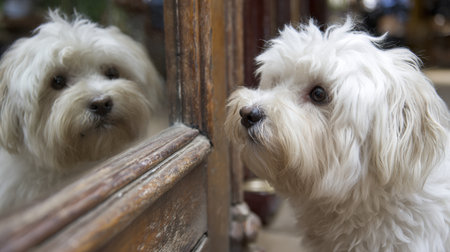 A fluffy white dog stars in confusion at its reflection in a mirror while standing in a cheerful, well-lit spaceの素材