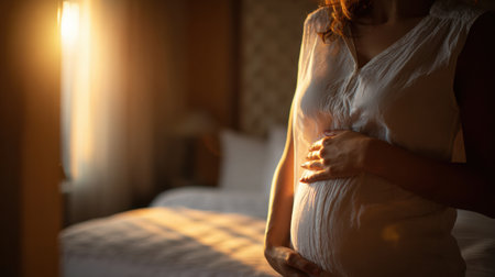 Morning sunlight fills a cozy room as a pregnant woman lovingly touches her belly, embracing the joy of motherhood.の素材