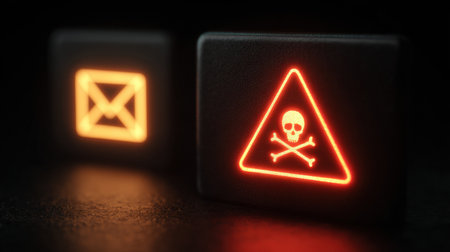 Glowing email icon appears next to a danger symbol with skull and crossbones, illustrating a phishing attempt in a digital environmentの素材