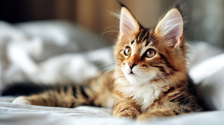 A Maine coon kitten relaxes on a soft bed, surrounded by a cozy atmosphere filled with warm morning light, exuding comfort and charm.の素材