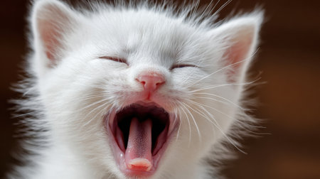 Close-up of a white kitten yawning, capturing the adorable expression and soft pastel colors of its fur, perfect for cat lovers.の素材