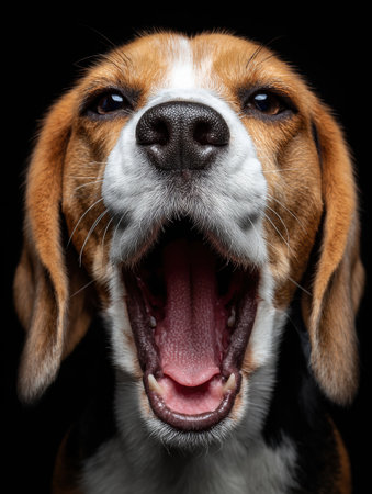 A beagle is yawning in a close-up shot, showing its playful and funny expression against a dark background, ideal for amusing text.の素材