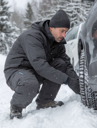 Man examines tire tread depth in a snow-covered area to ensure safe winter driving, focusing on tire maintenance and safety precautions.の素材