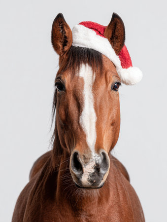 A festive brown horse with a Santa hat poses cheerfully on a white background, capturing the spirit of the holiday season.の素材