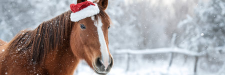 A brown horse with a Santa hat stands in a winter landscape, surrounded by snow, embodying the spirit of Christmas and joy.の素材