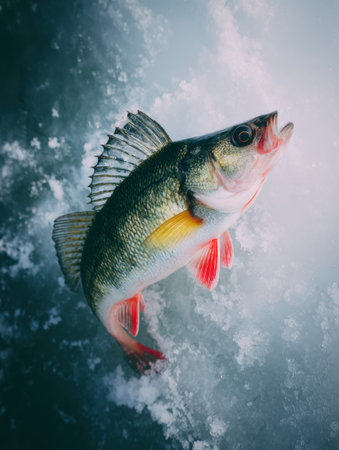 Caught perch lies on frost-covered ice by fishing hole, showcasing bright winter light and minimalist background perfect for banner text.の素材