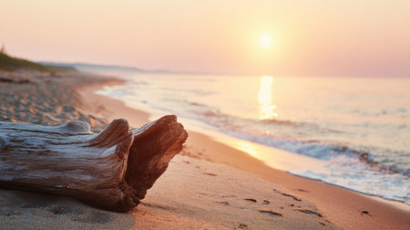 Golden sunlight sets over a peaceful beach, highlighting driftwood on soft sand as gentle waves lap the shore at dusk.の素材