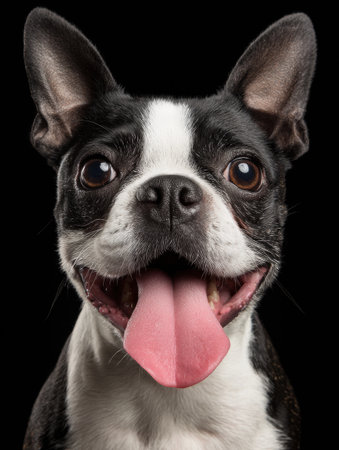 A cute Boston terrier displays its playful personality with a joyful smile and energetic eyes, capturing a moment of happiness.の素材