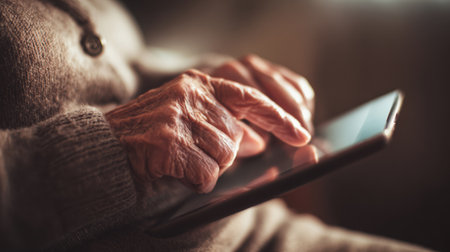 An elderly woman interacts with a healthcare tablet, surrounded by soft lighting in a cozy home environment, focusing on her health needs.の素材