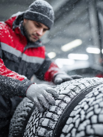 A worker carefully installs snow tires in a garage while snowflakes fall, creating a dynamic and wintery atmosphere.の素材