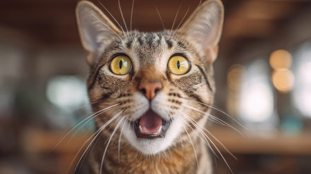 A cat displays an open mouth and wide eyes, showing a shocked expression in a comfortable indoor environment, creating a humorous moment.の素材