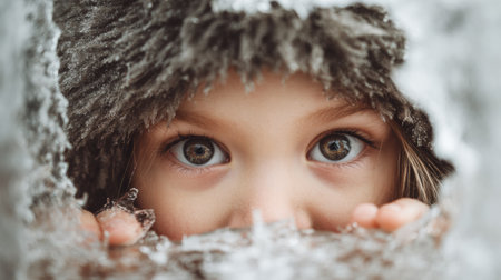 A child gazes intently into an ice hole, filled with curiosity and wonder amid a winter landscape, discovering the beauty of nature.の素材
