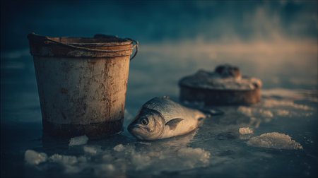 A fish rests on the ice near a weathered bucket, showcasing winter fishing activity in a serene, frosty setting.の素材