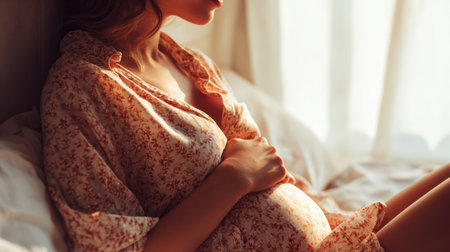 A pregnant woman gently touches her belly, surrounded by warm morning light in a cozy setting.の素材