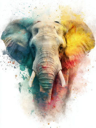 This artwork features a vibrant watercolor elephant, blending soft pastel colors with a tranquil white background, highlighting its majestic presence.の素材