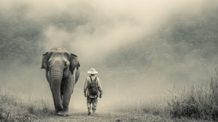 A majestic elephant walks alongside a person in a serene, foggy setting, symbolizing friendship and harmony with nature.の素材