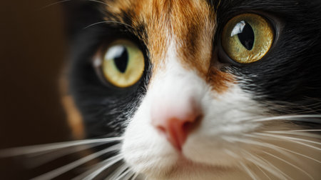 Close-up of a calico cat features bright green eyes and vibrant fur patterns, beautifully illuminated by soft natural light in a calm setting.の素材