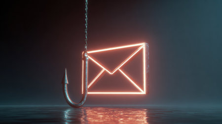 A glowing hook dangles from above while a neon envelope symbolizes the risk of online phishing scams in todays digital world.の素材