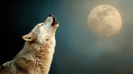 A dog stands in the wilderness, howling at the bright full moon, surrounded by a calm and emotional night atmosphere.の素材