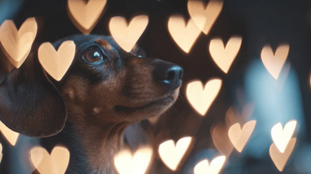 A cheerful dog looks up with wonder as heart-shaped bokeh lights twinkle behind, capturing a moment of pure joy and affection.の素材