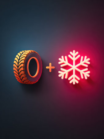This winter service banner features a colorful combination of a tire and a snowflake icon on a smooth gradient background.の素材