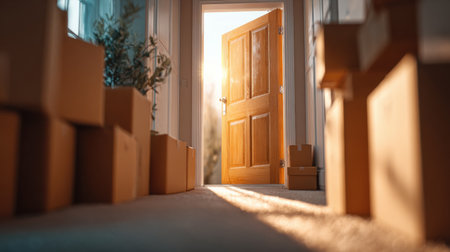 Bright sunlight streams through an open door, illuminating a pathway lined with boxes, symbolizing new adventures and opportunities ahead.の素材