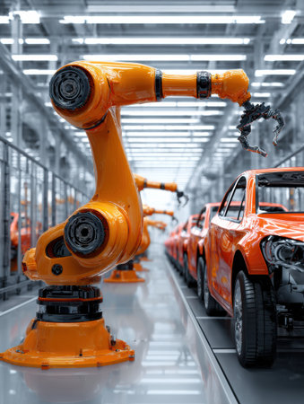 Futuristic robots are actively assembling cars in a modern production area filled with bright light, showing advanced manufacturing technology.の素材