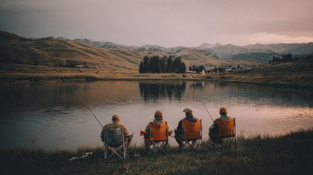 Four friends sit quietly on folding chairs while fishing beside a calm lake in a beautiful landscape at dusk.の素材