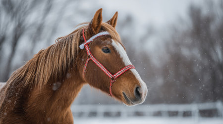 Brown horse sporting a Santa hat stands in a snowy field surrounded by trees, capturing the joyful spirit of Christmas in wintertime.の素材