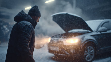 A mechanic is replacing a car battery in a garage, surrounded by winter light and snow, highlighting the work in progress and cold conditions.の素材