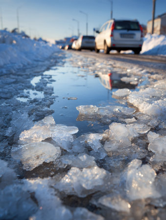 As temperatures rise, ice melts into shallow puddles, creating reflections of passing cars on a sunny street.の素材