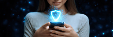 A woman interacts with her smartphone while a holographic shield symbol overlays the device, emphasizing online privacy protection.の素材
