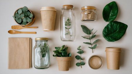 Kraft paper, glass jars, and plants are neatly arranged, showing eco-friendly packaging ideas for sustainable living.の素材