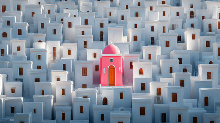 Bright pink house stands out in a sea of identical white homes surrounded by a peaceful neighborhood setting.の素材