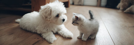 A fluffy white puppy looks curiously at an adorable small kitten, both showing a playful interaction in a warm, inviting home environment.の素材