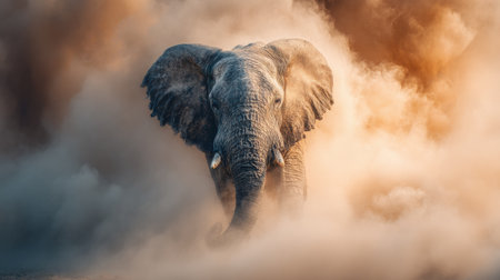 An elephant stands proudly with its trunk raised, surrounded by soft mist, creating an emotional atmosphere in the wild at dawn.の素材