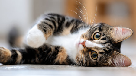 A lively cat rolls on the floor, showcasing its playful side in a bright, clean space, radiating joy and energy during its day.の素材