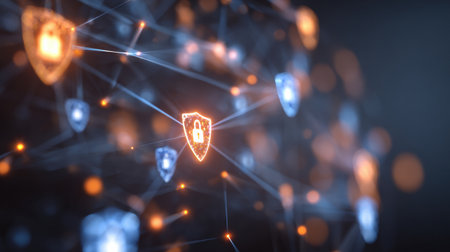 Digital locks and glowing shield patterns highlight secure data lines, emphasizing advanced network security in a futuristic environmentの素材