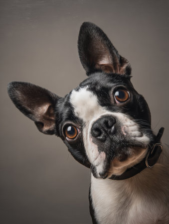 A playful Boston terrier showcases its expressive eyes against a soft gradient background, capturing a joyful moment filled with energy.の素材
